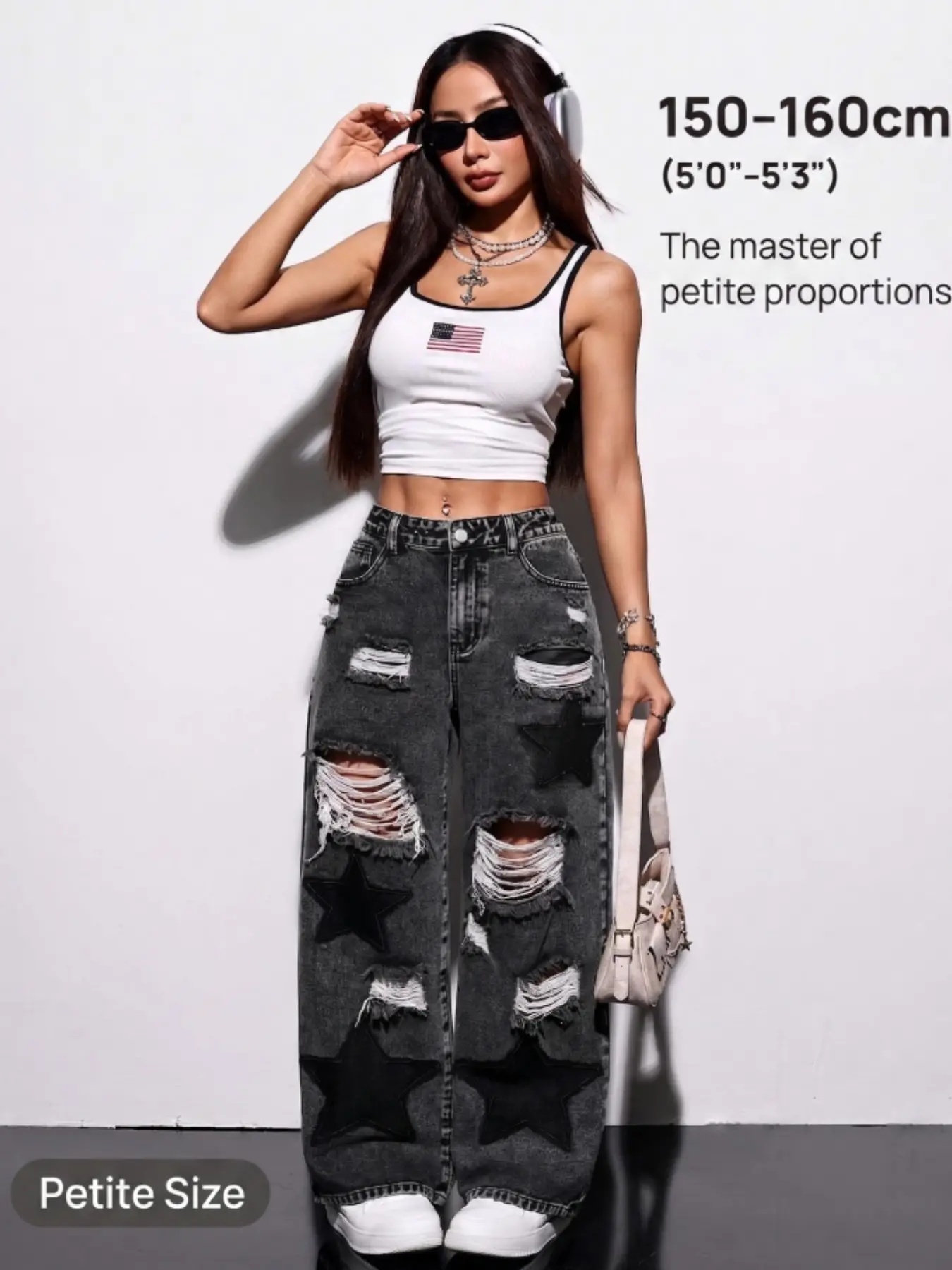 Petite Women's Y2K High-Waisted Ripped Loose Jeans, Star Patch Denim, Casual Party Summer, Straight-Leg Pants with Pockets