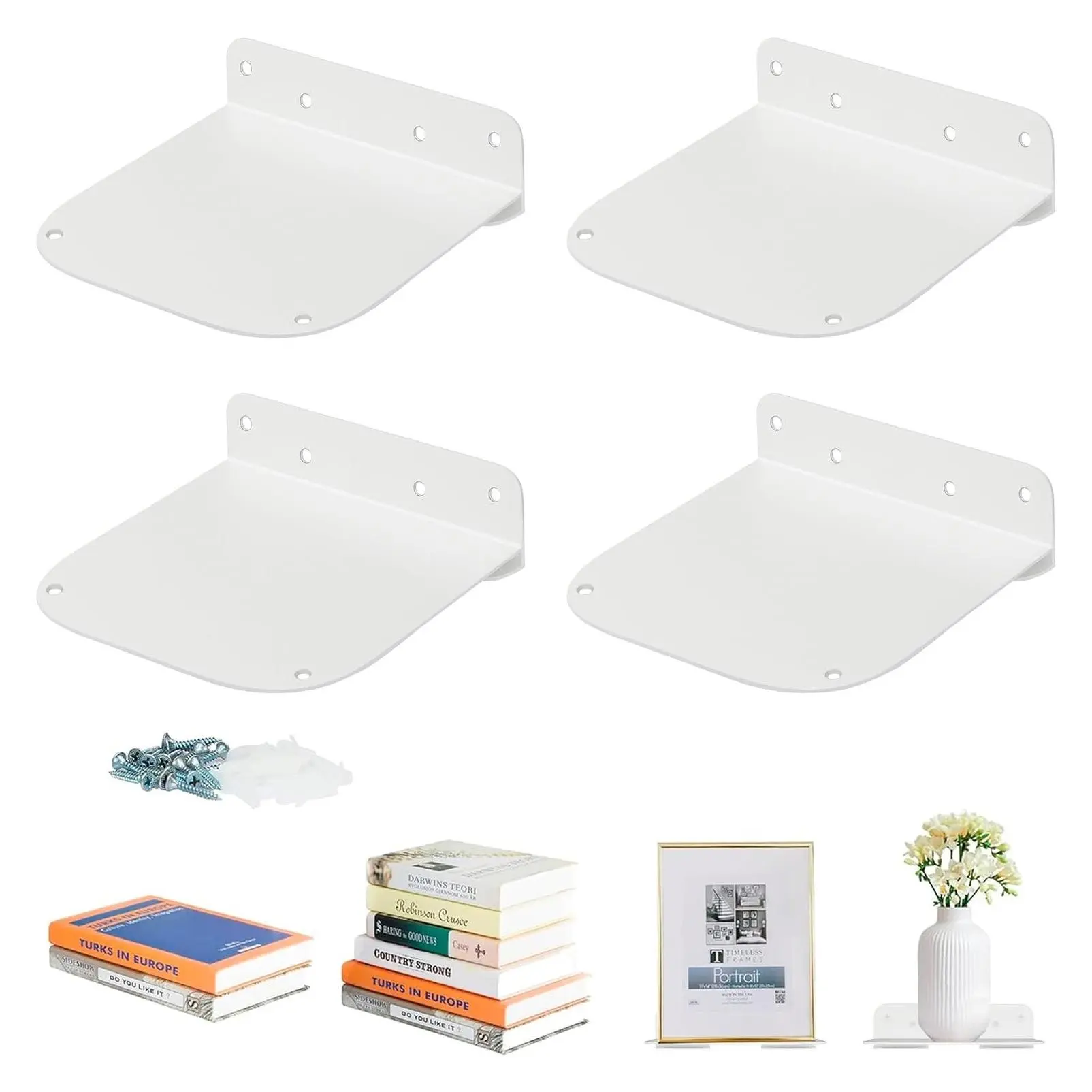 Heavy-Duty Steel Floating Bookshelves, Invisible Wall Mounted Hidden Bookshelf, Hanging Book Shelves for Bedroom Living Room Office, White, 4-PackGift