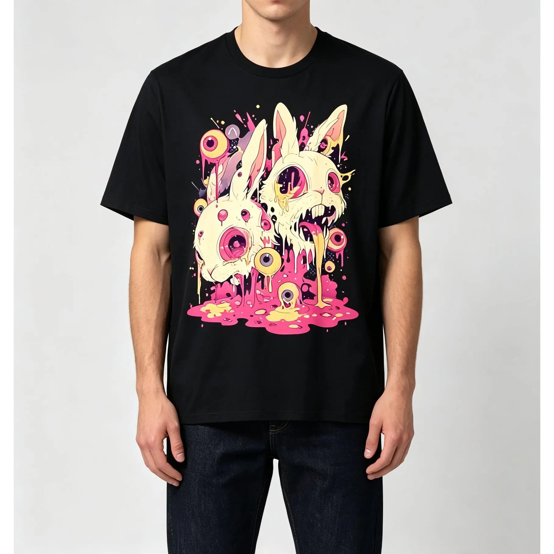 MOST POPULAR! Psychedelic Creepy Horror Bunny Rabbit Goth Horror T-Shirt S-3XLSame Style for Men and Women 2025 Summer Short-sleeved Printed T-shirt Pure Cotton 220G