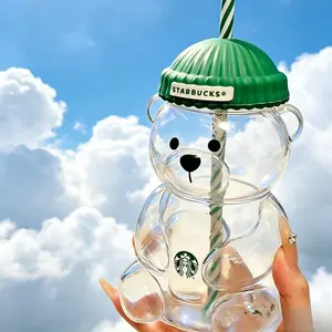 Bear Cup Glass Cup 591ml Green Starbucks Coffee Style Glass Water Cup for Daily Use Office Travel Gift