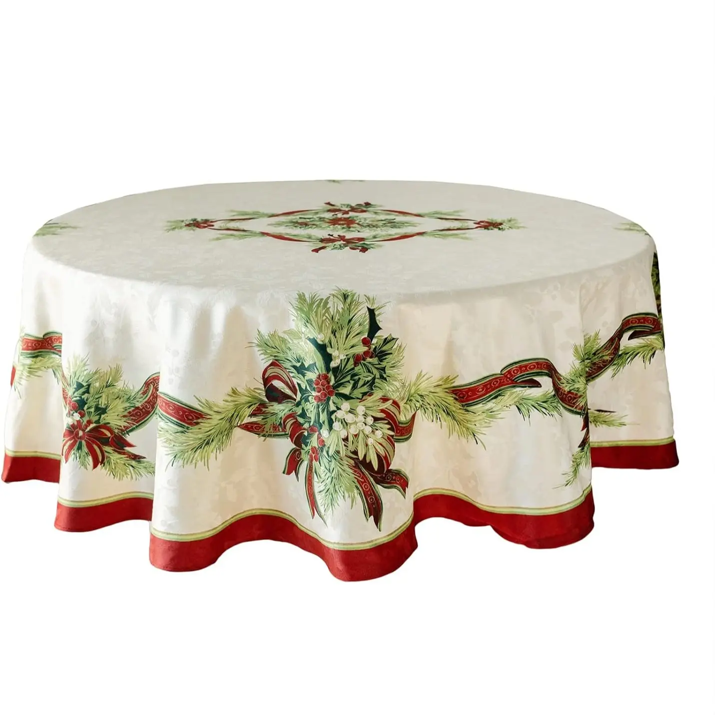 2D Flat Party Tablecloth 1pc, Christmas Ribbon Print Polyester Round Tablecloth, Winter Holiday Christmas Tablecloth, No Power Required