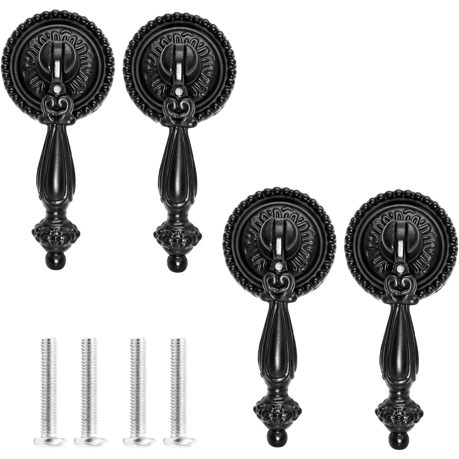 4 Pack Antique Cabinet Pulls, Black Antique Pull Handles | 62mm Overall Length, Zinc Alloy Cabinet Handle Knobs, Retro Decorative Handle, Drawer Teardrop Pull Knobs & Mounting Screws