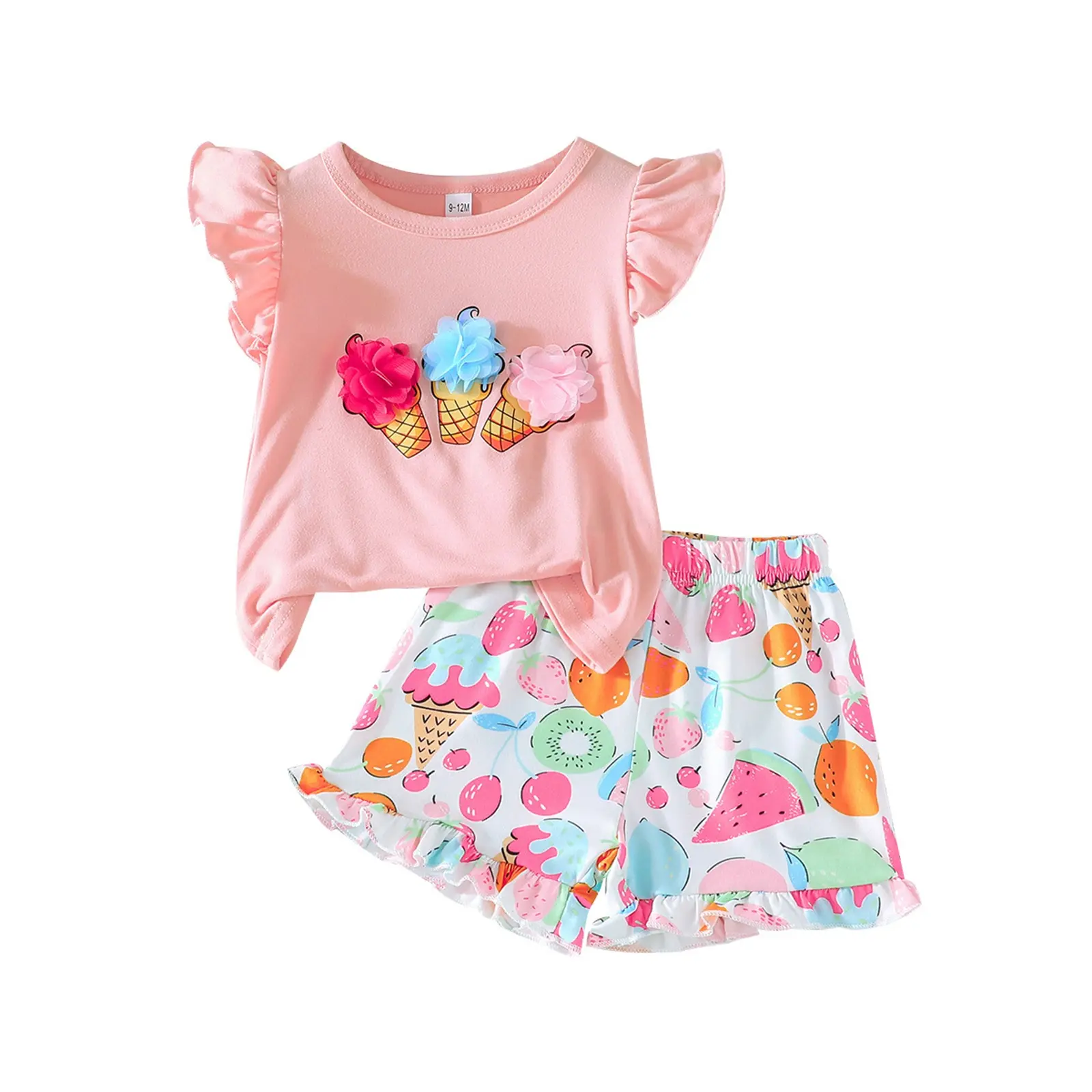 Toddler Baby Girl Summer Outfits O Neck Ice Cream Fruit Print Short Sleeve Shirt Shorts 2 Piece Set Summer Clothes