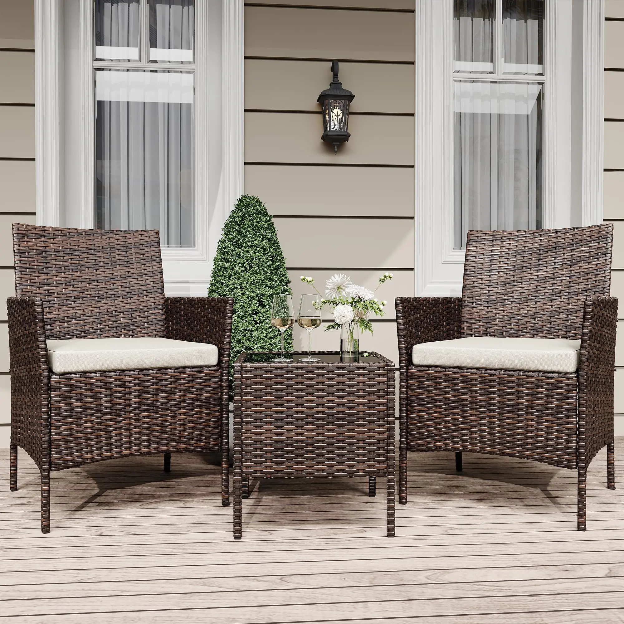 3PCS Outdoor Furniture Set, PE Rattan Wicker Chairs w/ Soft Cushions & Tempered Glass Coffee Table for Garden, Backyard, Porch, Poolside (Brown / Beige)