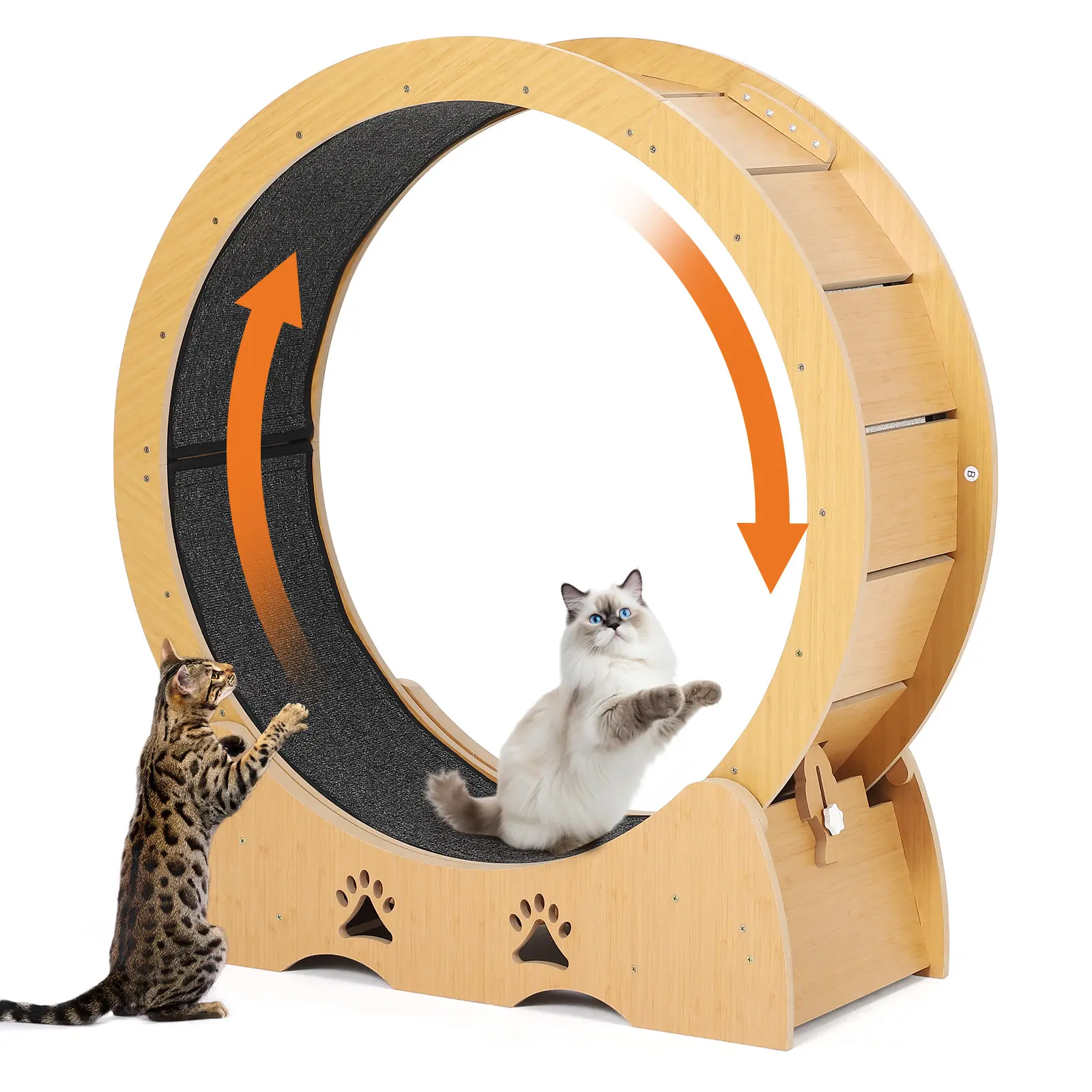 Large Wooden Cat Exercise Wheel – 39" Quiet Indoor Treadmill with Removable Carpet, Sturdy Multi-Layer Design & Locking Mechanism – Natural Wood