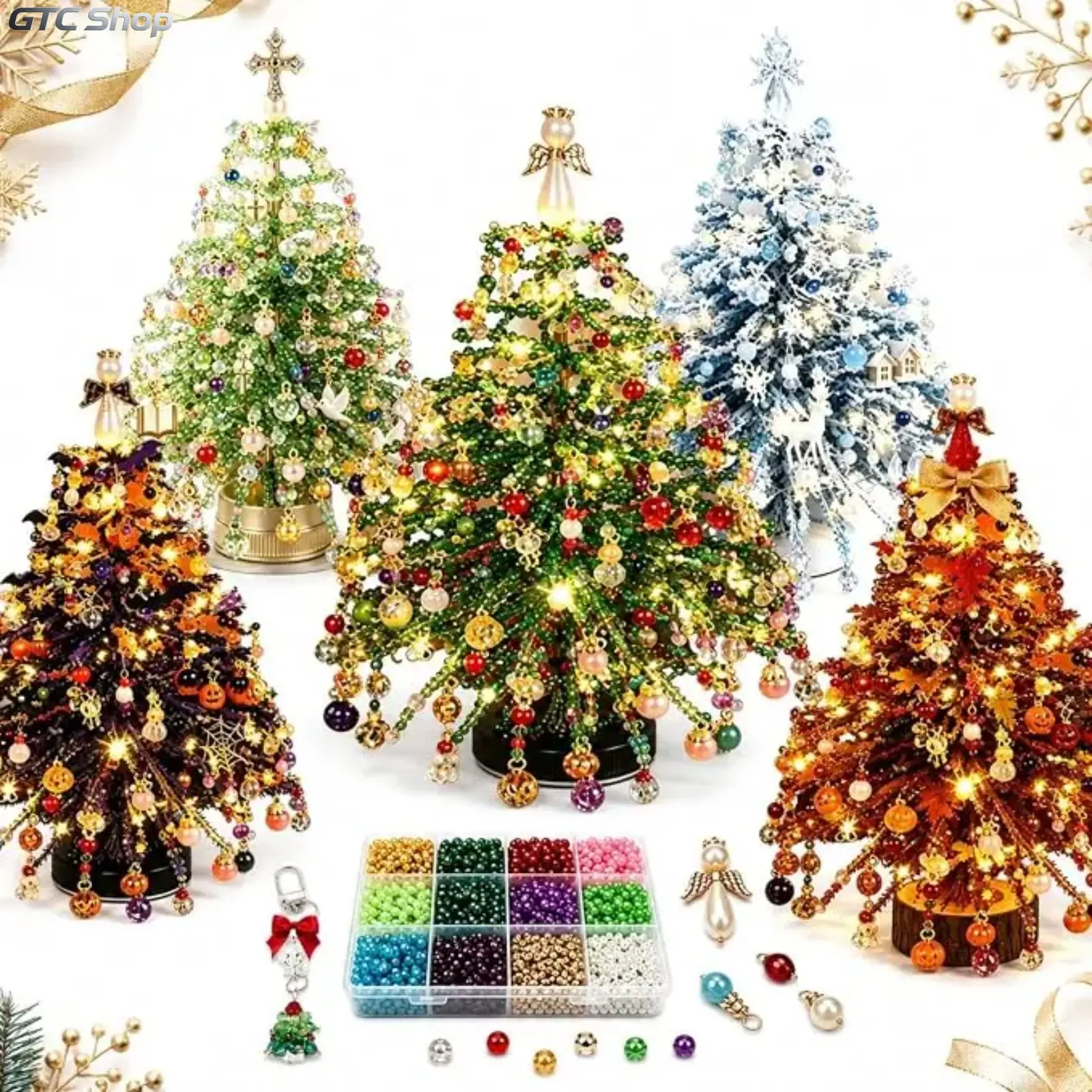 DIY Beaded Christmas Tree Kit, 5.5in*5.5in Crystal Holiday Craft Set for Adults | Colorful Beads, Ornament Charms, Metal Frame, Angel Topper, Warm Glow Display, Tabletop Decor, Relaxing Project, Holiday Gift