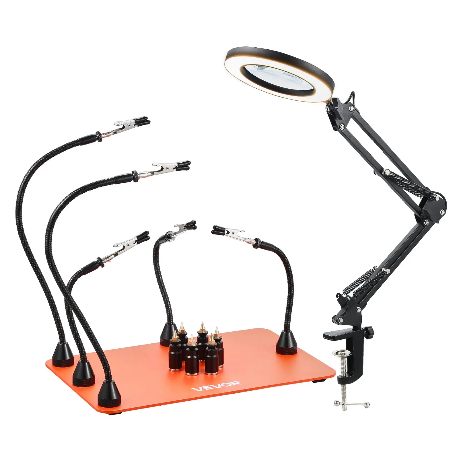 VEVOR Steel Magnetic Helping Hands Workstation, 2-In-1 Third Hand Soldering Tool - 3X Magnifying Glass, 5 Arms, 6 PCB Holders, Rubber Heavy-Duty Base, 3X LED Lamp with 5 Color Temperatures for Electronic Repair, Painting, Nail Art, Sewing
