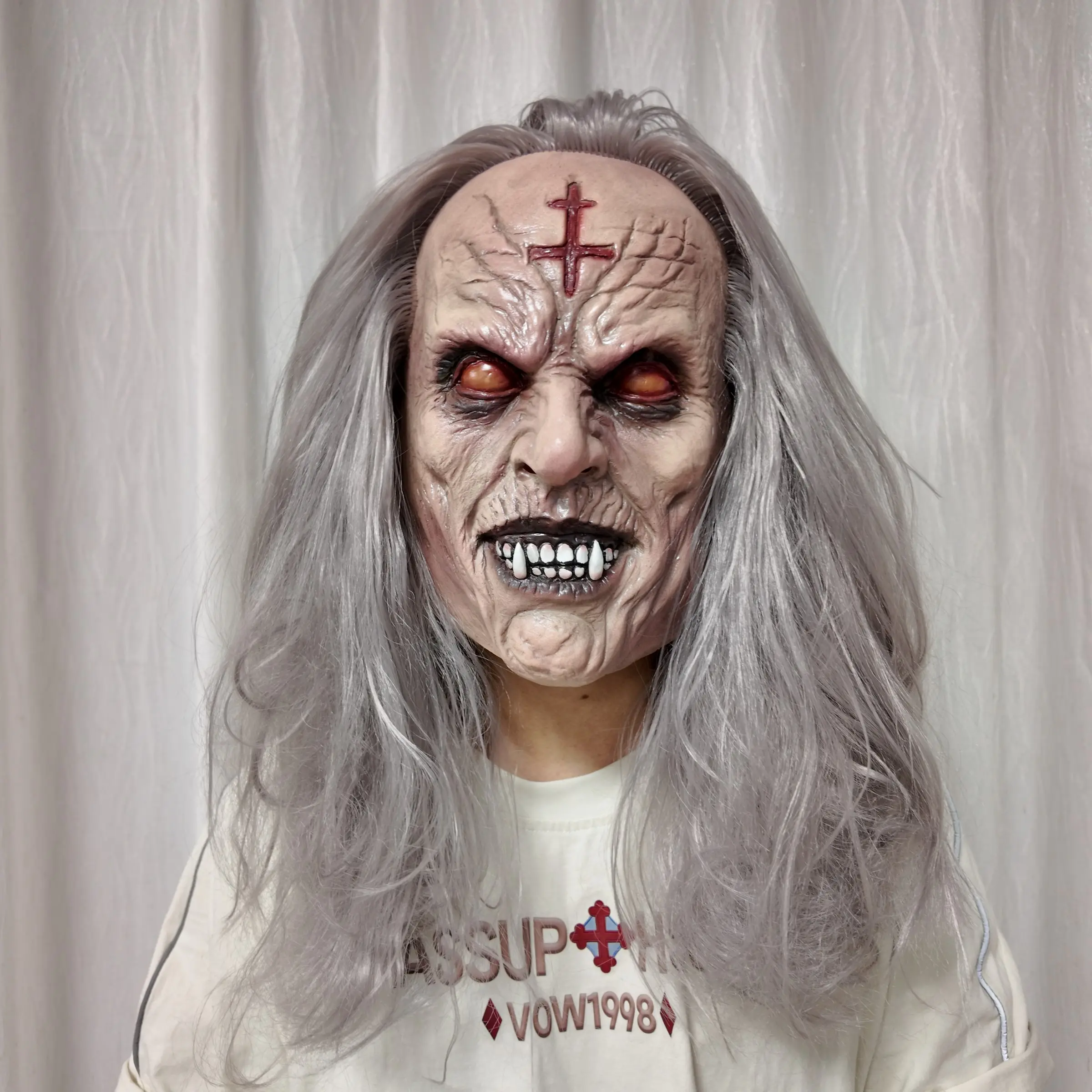 Vampire Mask with Long Hair, Scary -Eye Revenant, Bloody Cross Scar, Gothic Witch Latex Full Head Mask for Halloween, Horror Cosplay, Hyper Realistic Mask Design