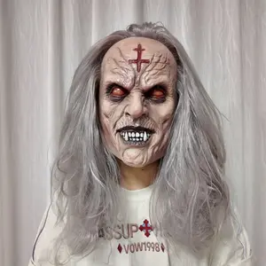 Vampire Mask with Long Hair, Scary -Eye Revenant, Bloody Cross Scar, Gothic Witch Latex Full Head Mask for Halloween, Horror Cosplay
