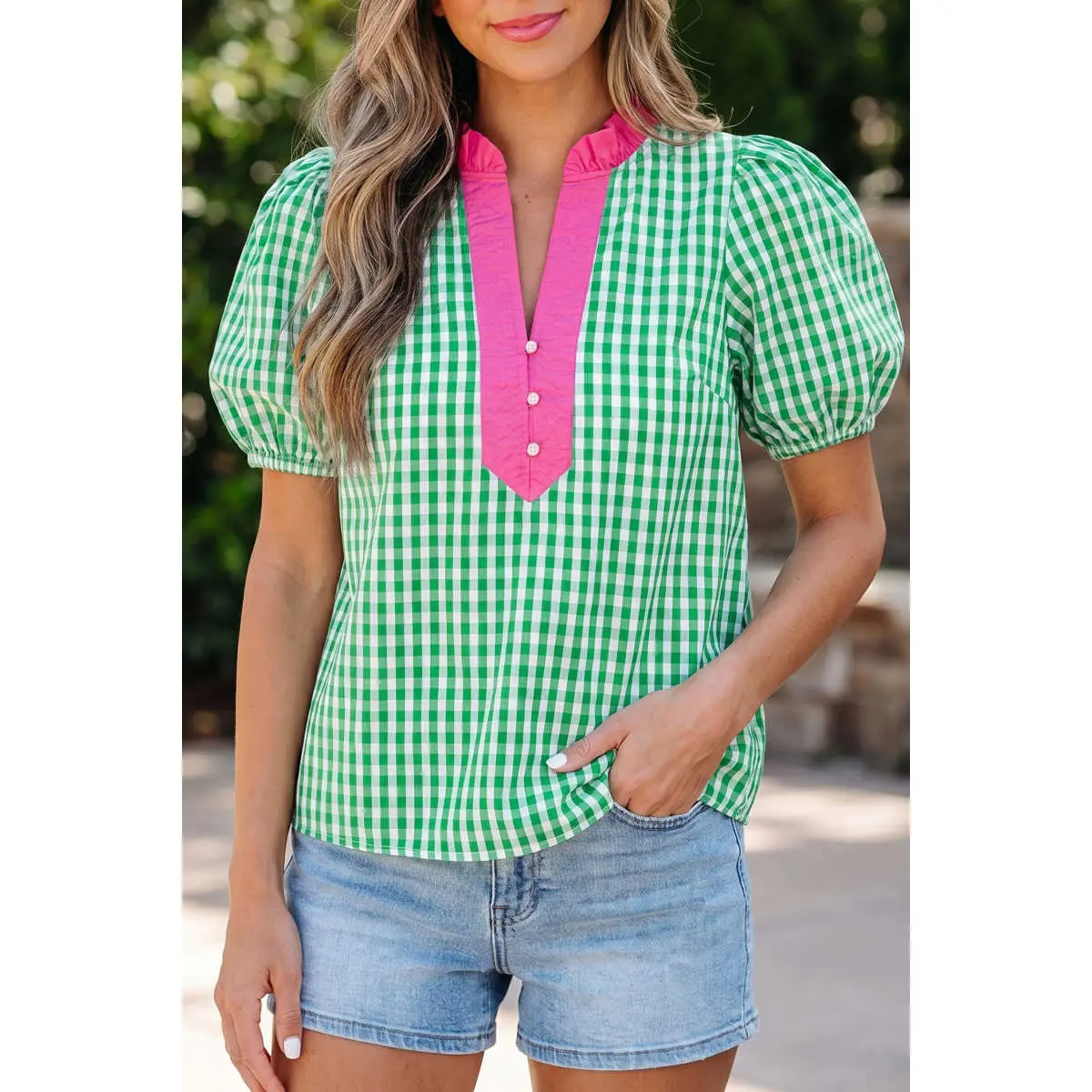 Women's Feminine Gingham Plaid V-Neck Blouse - Ruffle Collar, Colorblock Placket, Puffy Short-Sleeve, Comfortable Lightweight Breathable Fabric Everyday Casual Summer Top, Shortsleeve, Ruffled, Style, Lightweight Cotton