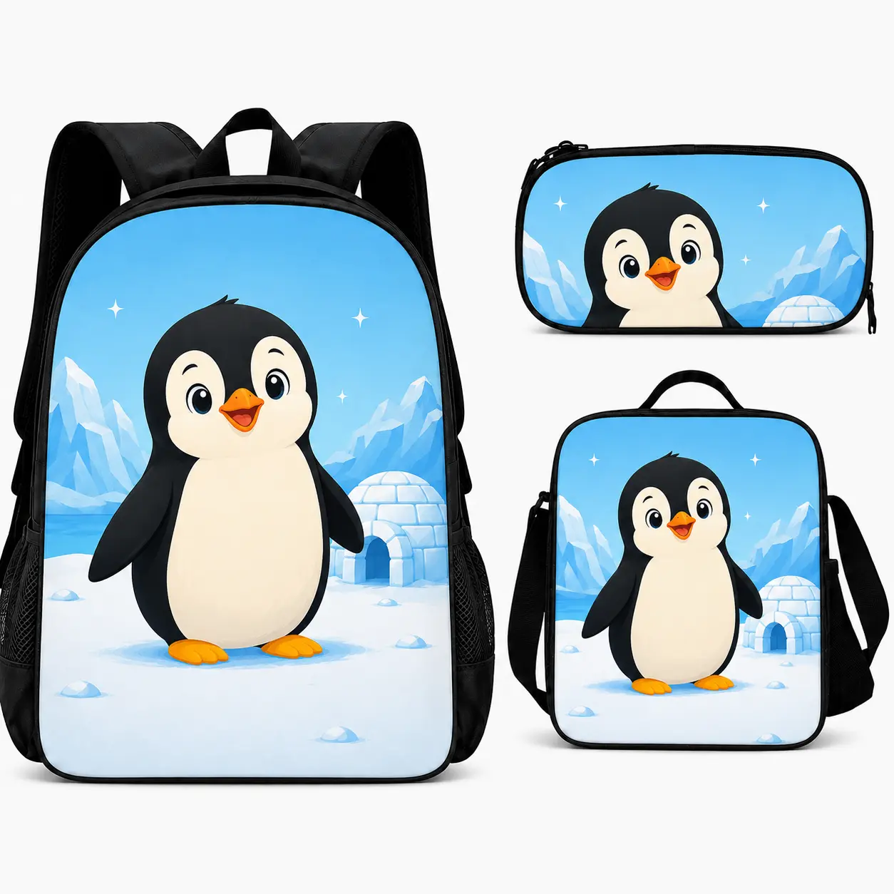 Cartoon Penguin 3-Piece Backpack Set for Kids, Matching Backpack, Lunch Bag and Pencil Case with Adjustable Shoulder Straps, Top Handles, Zippered Closures and Side Mesh Pockets for School Days, Classroom Use, Lunch Breaks and Daily Organization