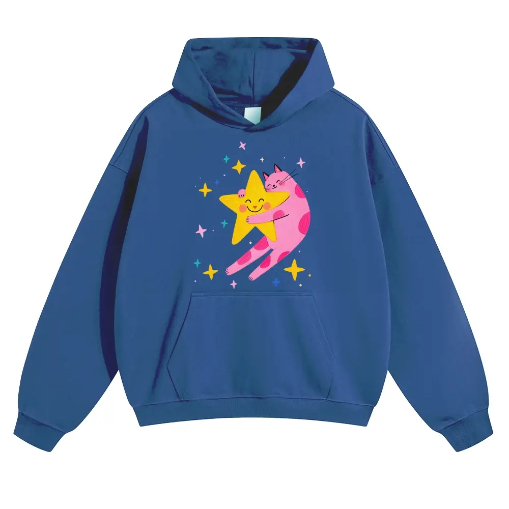 Unisex Dreamy starry sky pink-spotted cat holding a five-pointed star Graphic hoodie Personalized Pattern Y2k Clothing Round Neck hoodie,Women's Clothing 100% Cotton, Menswear, Top, Vintage Style,Summer Casual Oversized