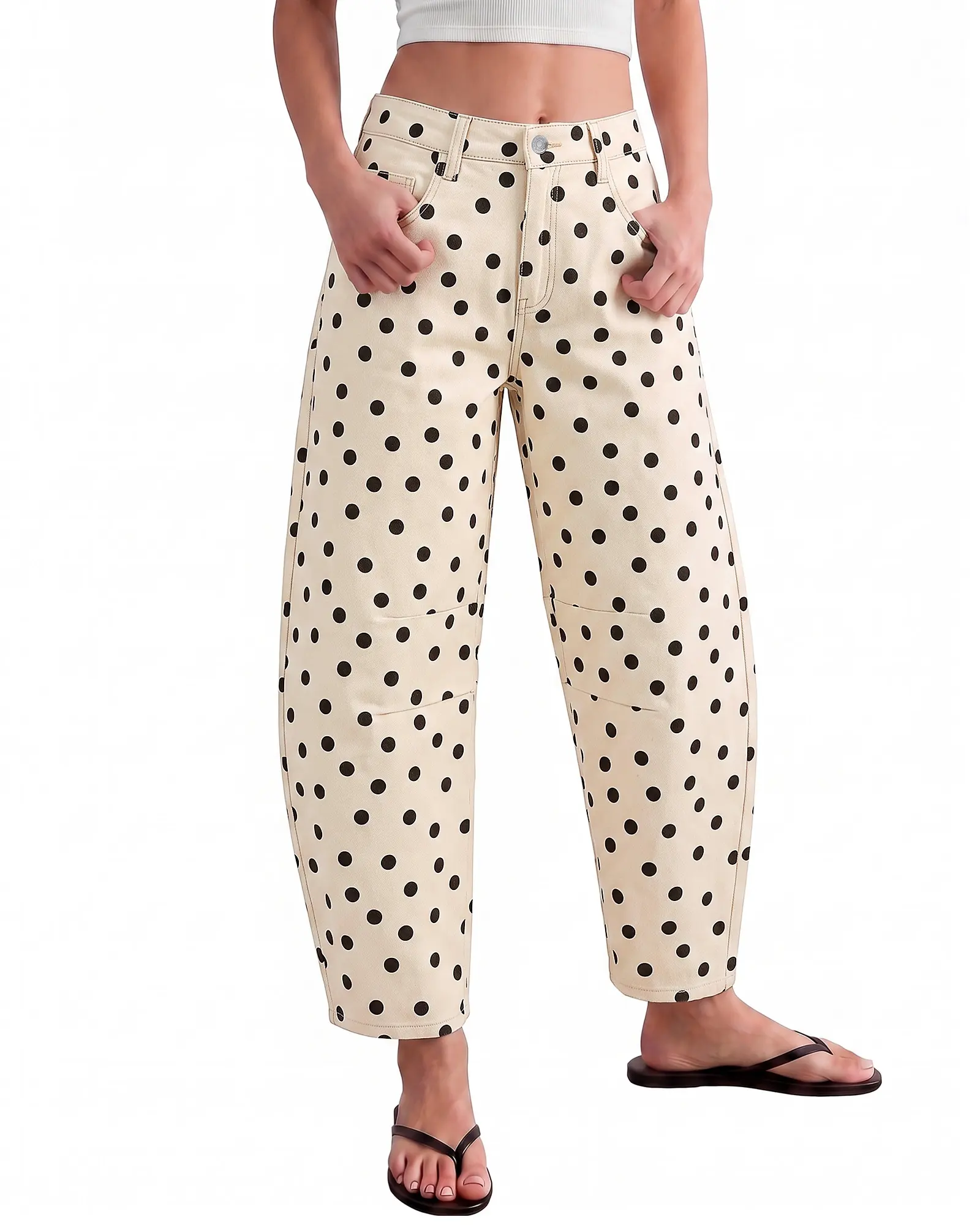 luvamia Barrel Jeans Women Baggy High Waisted Polka Dot Stretch Denim Pants | Retro Polka Dot Pattern, 90s Baggy Loose Fit, Casual Stretchy Barrel Wide Leg Jeans, Classic 5 Pockets, Trendy Western Outfit