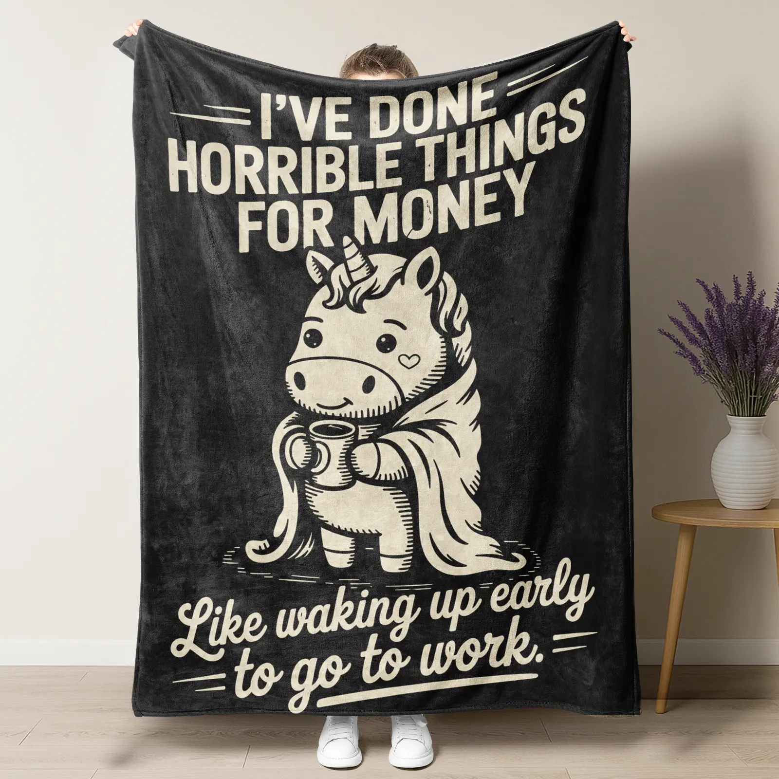 Graphic Throw Blanket - 100% Polyester Soft Touch Home Decor Blanket, 'I've Done Horrible Things For Money Like Waking Up Early To Go To Work' Sarcastic Unicorn Throw, Home/Office Gag Gift for Coworker, Indoor/Outdoor