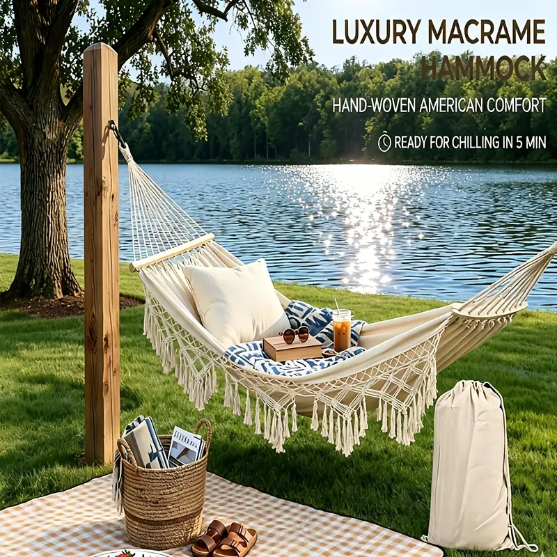 Fringed Canvas Outdoor Hammock, Heavy-Duty 2-Person Design with Wooden Spreader Bars and Thick Ropes for Patio, Camping & Backyard, Outdoor Hammocks, Portable Outdoor Hammocks