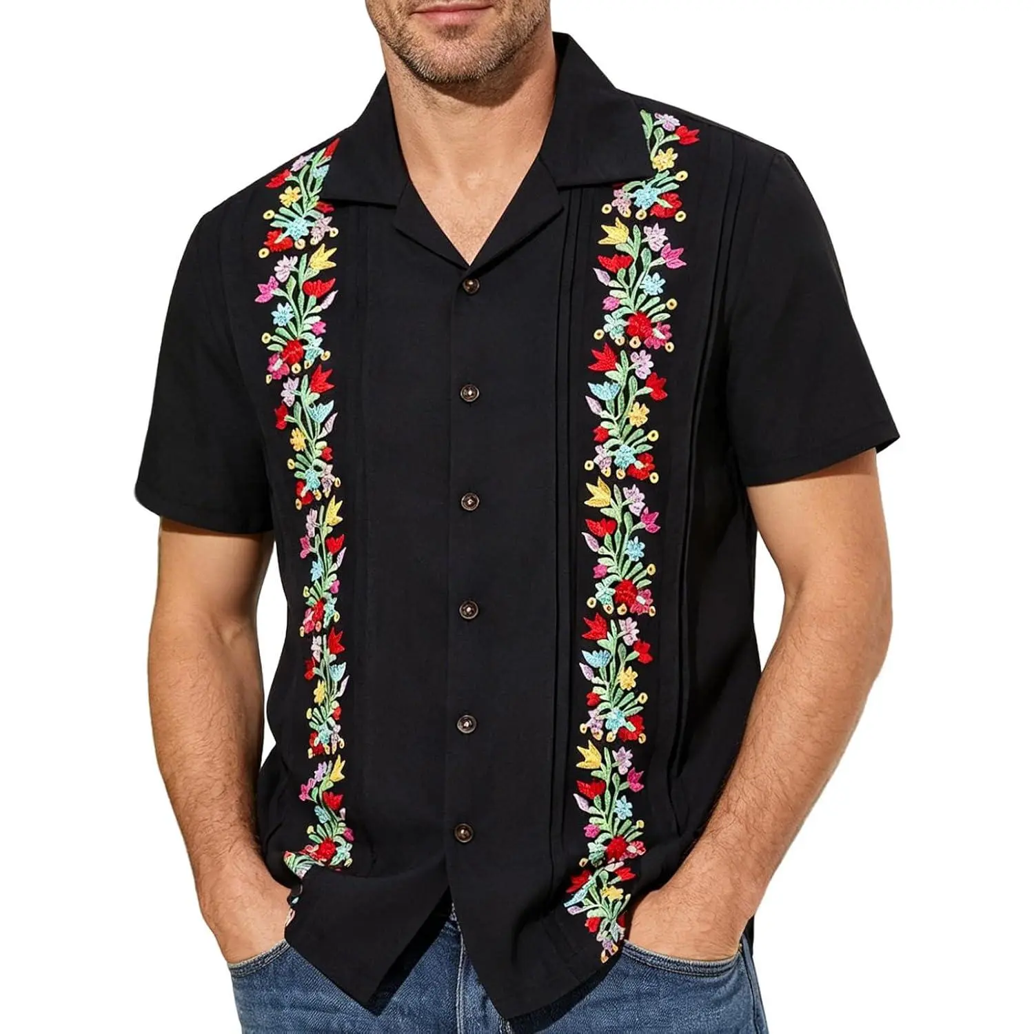 Mens Guayabera Embroidered Short-Sleeve Button-Down Top, Mexican Menswear Floral Polyester Shirt, Shortsleeve, Button Up