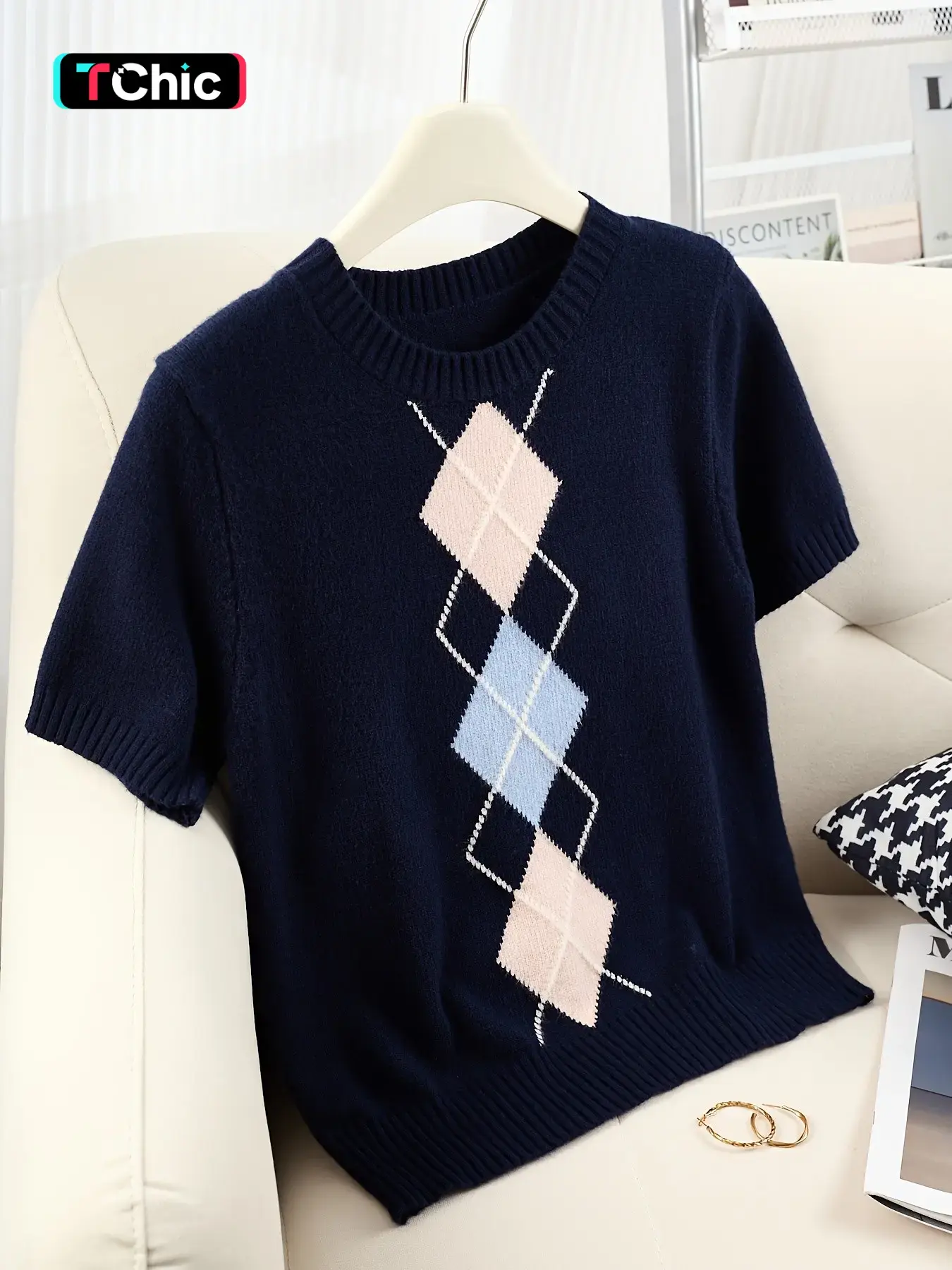 Women's Argyle Round Neck Slim Fit Knit Short Sleeve Top, Casual College Style T-Shirt, Perfect for Daily Commute Wear, Everyday