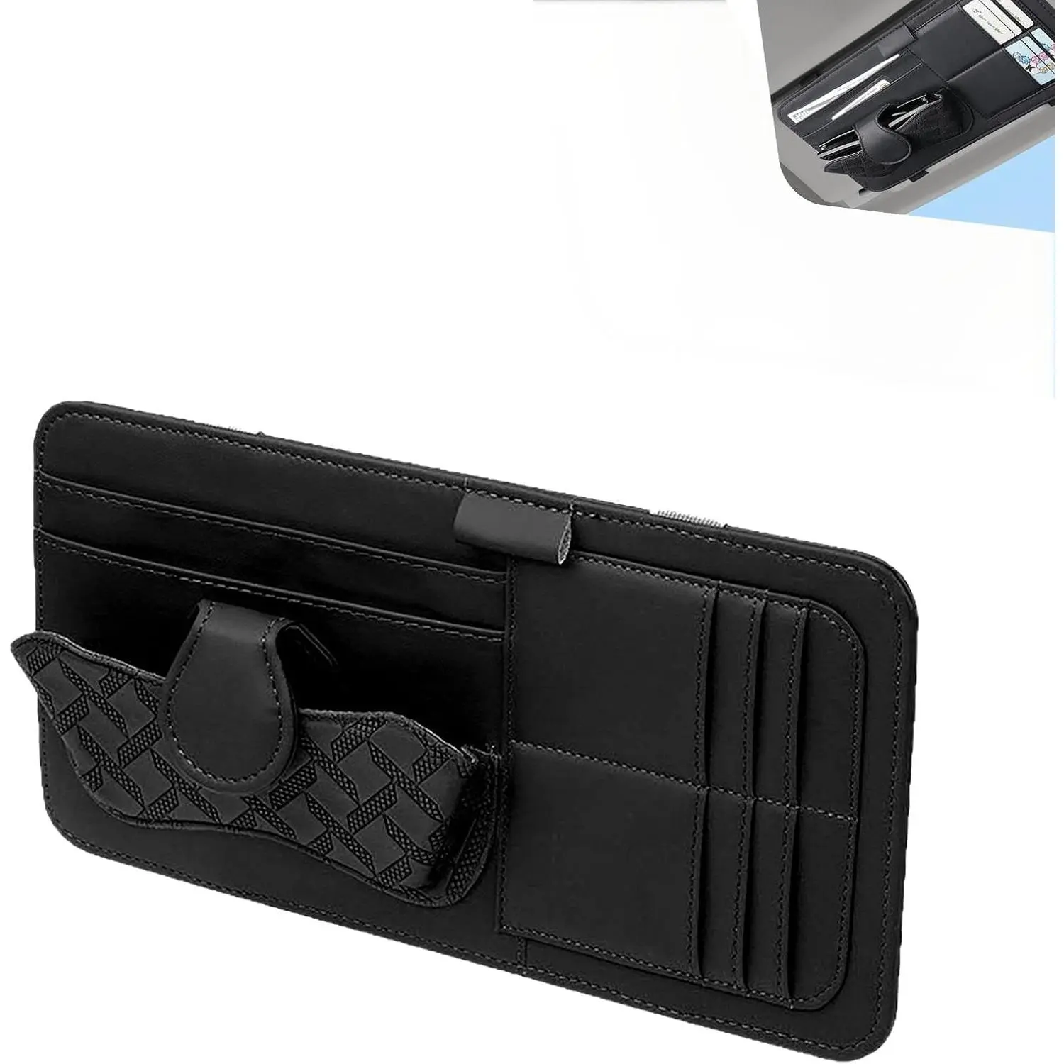 Leather Sun Visor Organizer - Multi-Pocket Storage Pouch, Universal Fit Standard Size Storage Aid with Elastic Bands for Sunglasses, Cards, Pens, Documents, Car Interior Stowing & Tidying Accessories (Black)