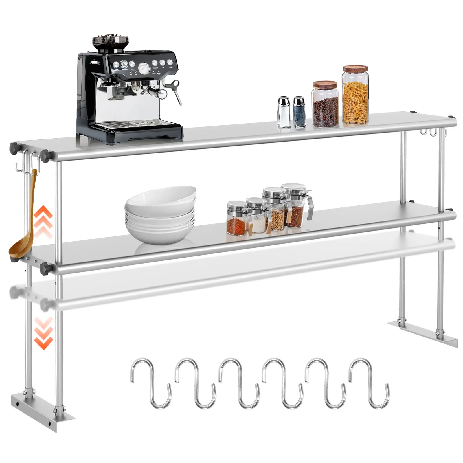 Nokaa Stainless Steel Adjustable Kitchen Shelf 60 Inch Countertop Organizer Rack for Cabinet Pantry Storage Shelving Unit Silver Finish Easy Clean Multi-Purpose Home Organization