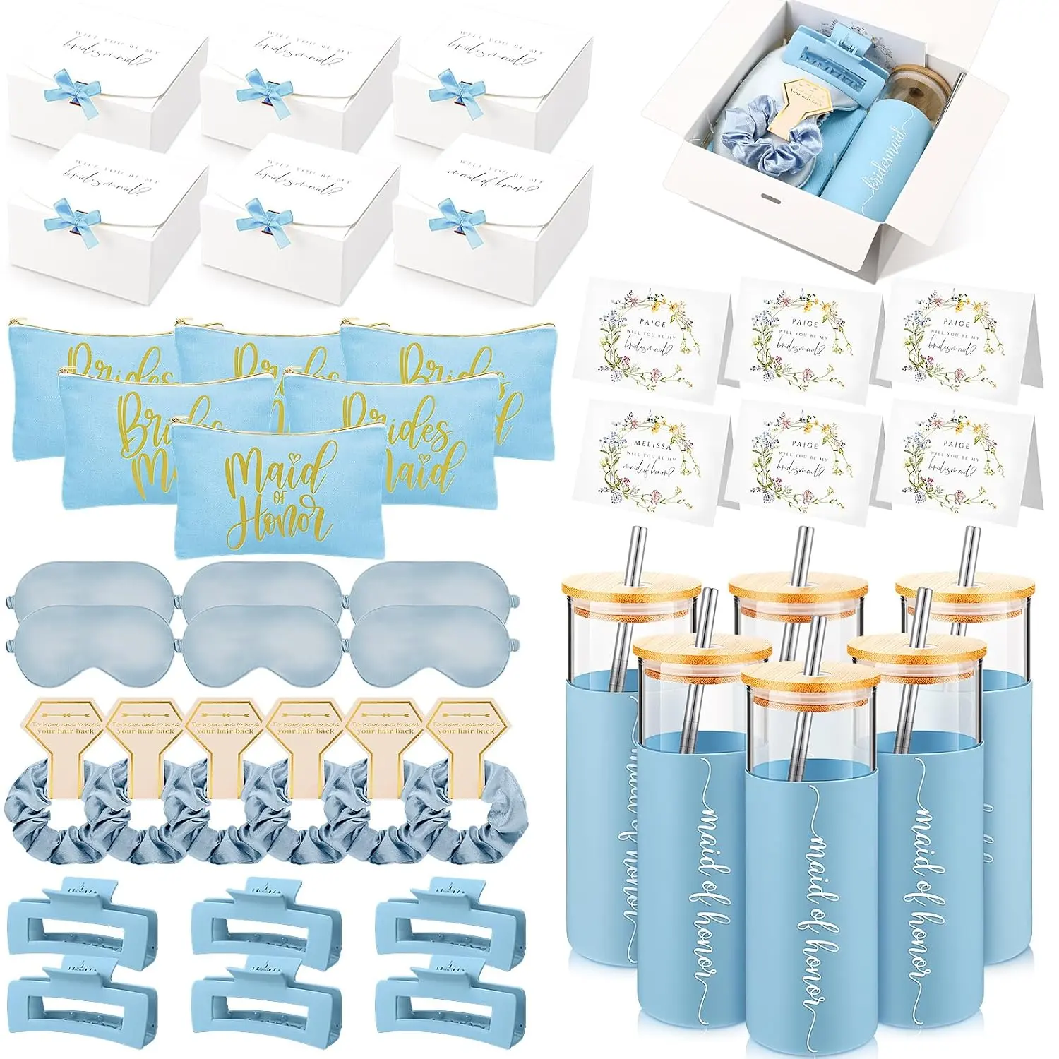 42 count Bridesmaid Proposal Gifts Bridal Shower Wedding  Box Makeup Bags Invited Cards Tumblers with  and Straw Scrunchies Eye Mask Hair Clips for Maid of  (Blue)