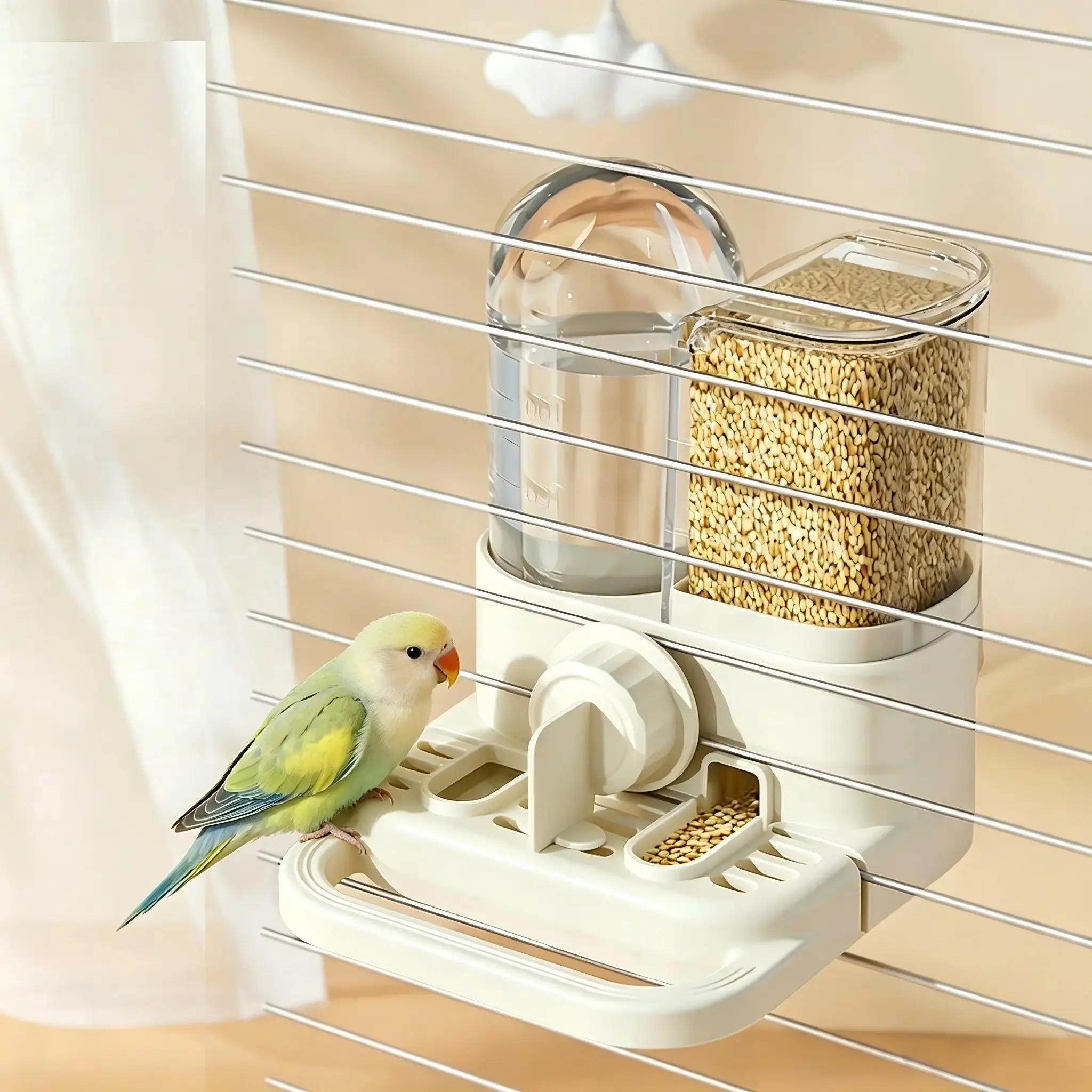 Automatic 2-in-1 Bird Feeder and Waterer, Hanging Synthetic Dispenser for Small to Medium Parrots, Mess-Free Cage-Mounted Gravity System Pet Supply