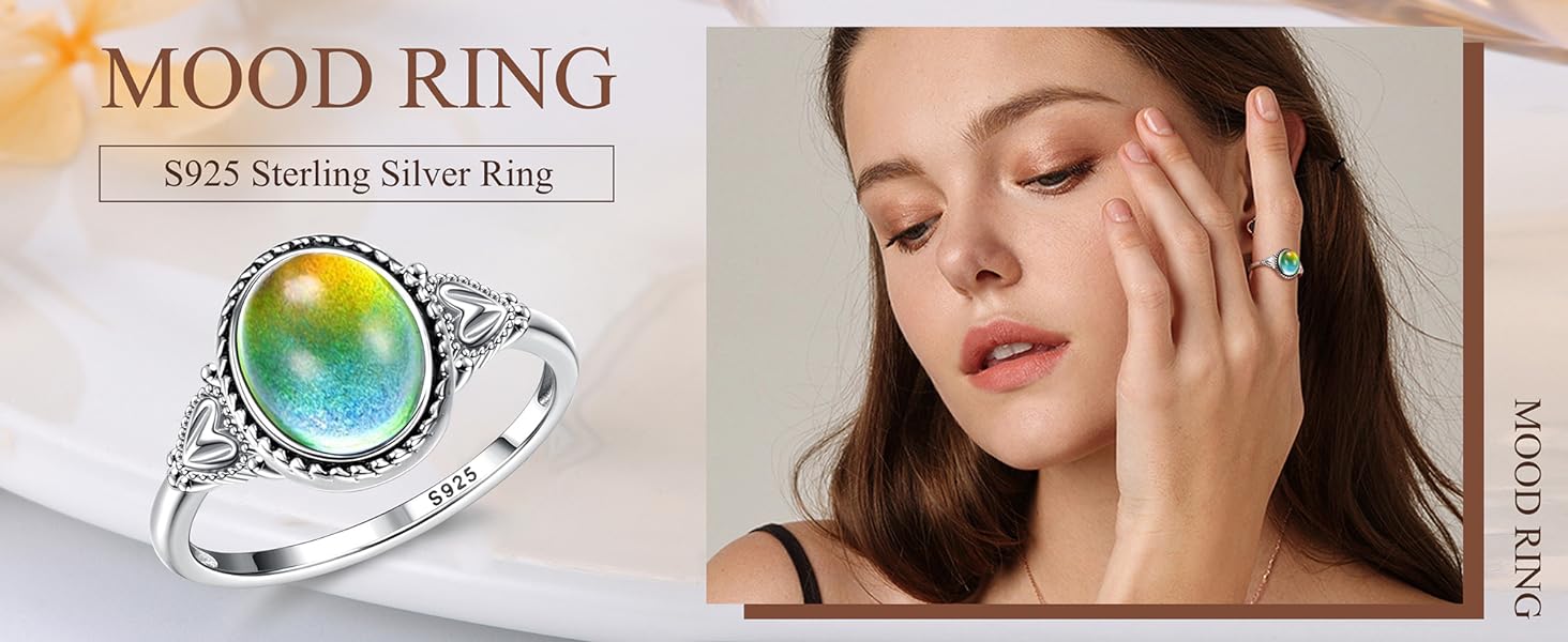 Exquisite 925 Sterling Silver Mood Rings Moonstone for Women Vintage Handmade Victorian Rings Oval Solitaire Ring 18K White Gold Plated Color Change Mood Rings Trendy Womens Jewelry