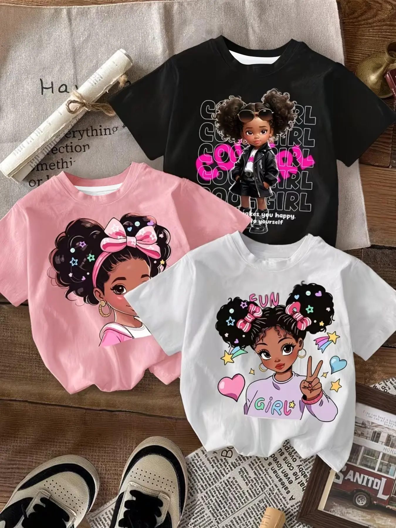 3-Pack Kids Short Sleeve T-Shirts, Cartoon Girl Pattern Print, Casual Fitted Tee, All Seasons Wear, Graphic Printed Tee, Clothing
