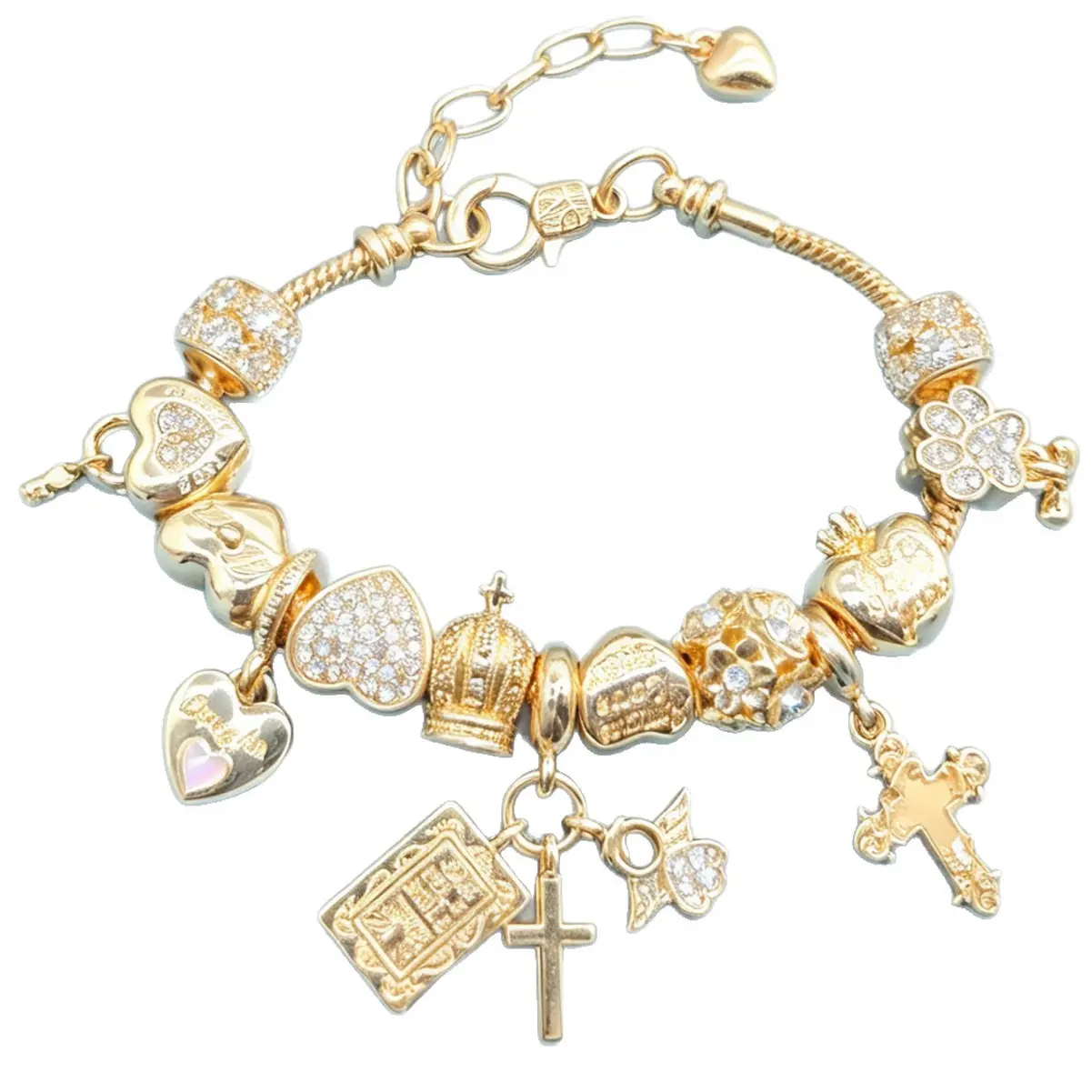 Women's Gold-Plated Christian Faith Charm Bracelets - Adjustable Snake Chain with Rhinestone Cross, Crown, Holy Bible, Heart Pendants, Religious Jewelry for Daily Wear, Baptism Gifts