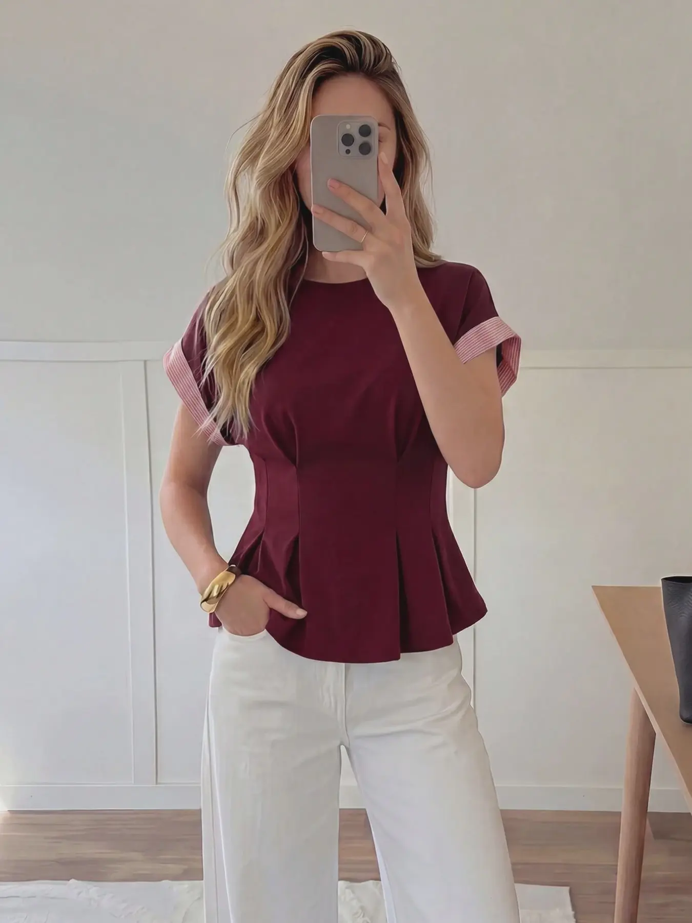 Women's Casual Peplum Top, Solid Color Short Sleeve Round Neck Slim Fit Summer Blouse, Fitted All Seasons T-Shirt