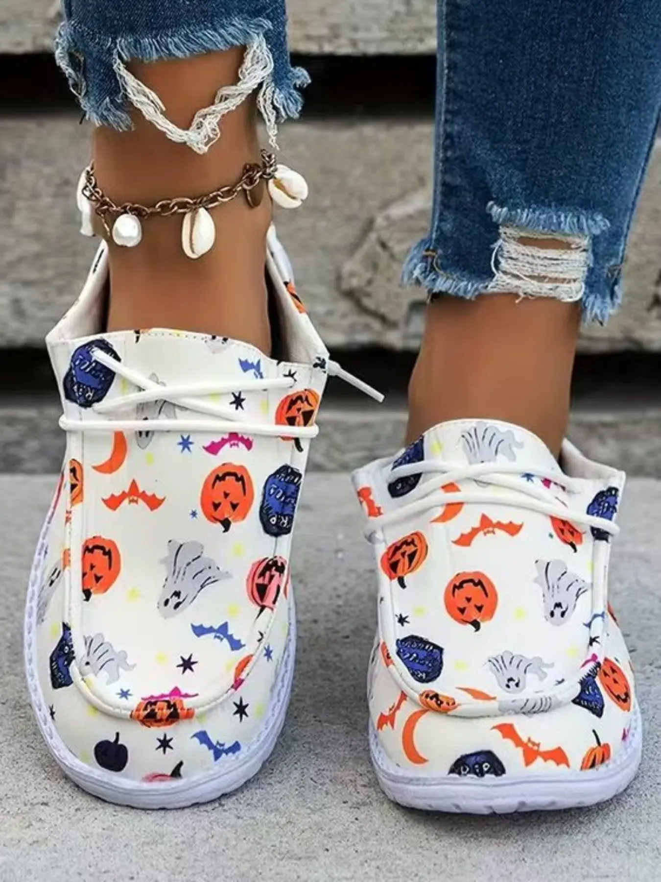 Halloween Pumpkin Ghost Print Casual Women's Shoes, Adjustable Laces, Anti-Slip Rubber Sole, Breathable, All Seasons, Daily Commute, Festival Travel