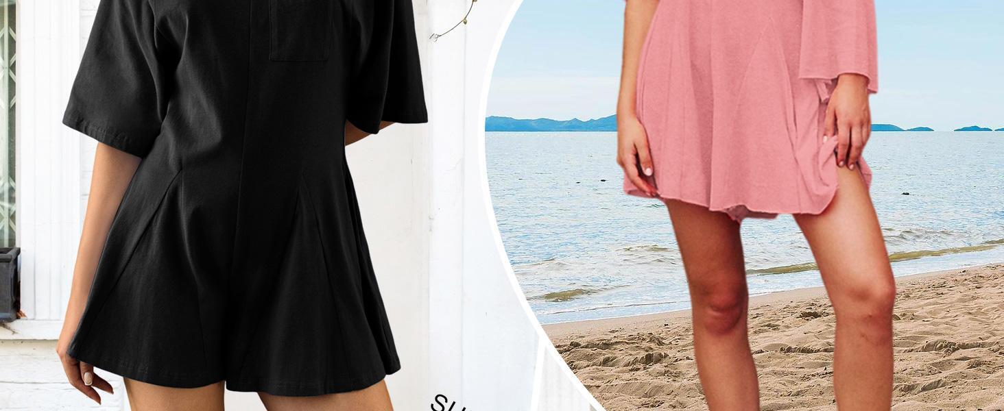 Imily Bela  Rompers for Women 2025 Spring Outfits Summer Casual Short Sleeve Crew Neck Loose Jumpsuits with Pocke