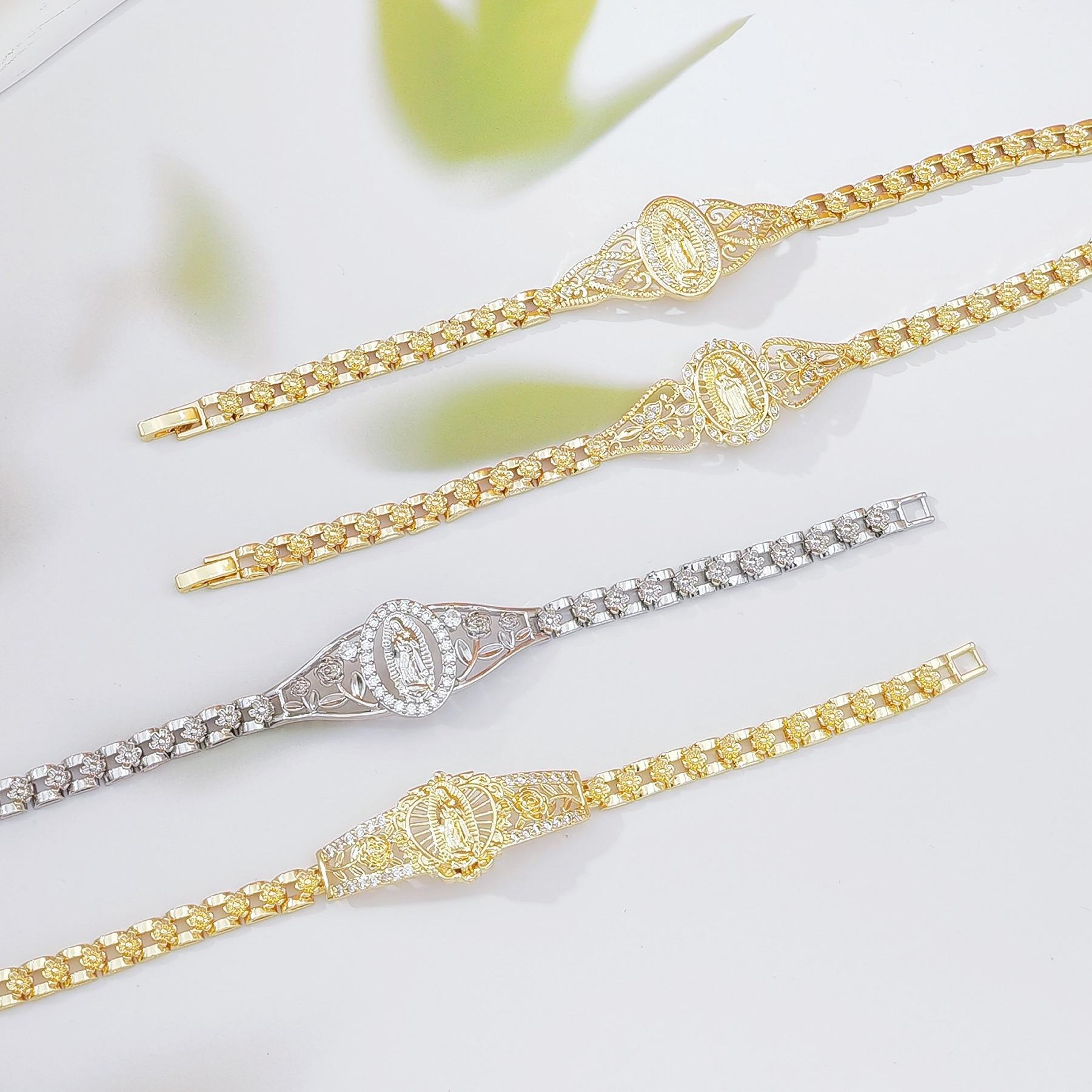 Gold Plated Copper Hollow Flower Virgin Mary Bracelet, Geometric Watch Chain Design, Trendy Boho Religious Jewelry for Women, Versatile for Daily Wear, Parties & Festival Outfits