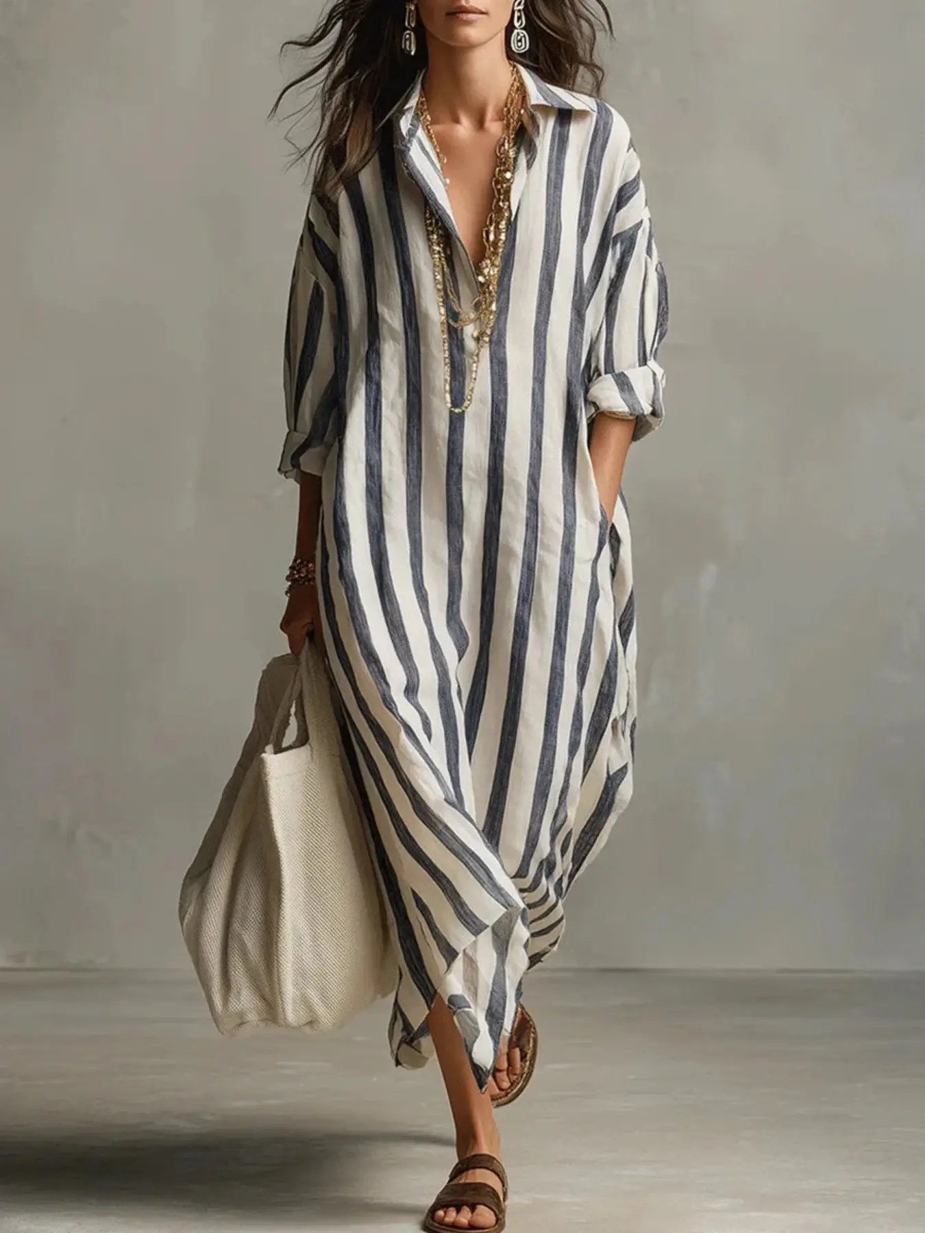 Plus Size Women's Casual Classic Loose Fit Shirt Collar Striped Dress, Asymmetrical Hem Drop Shoulder Dress with Side Pockets