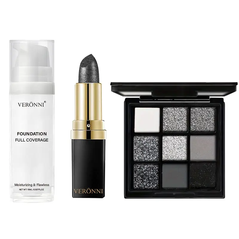 Veronni Gothic Makeup Set, Strong Coverage White Liquid Foundation x1, Glitter Shimmer Matte Black Smoky Eyeshadow x1, Shimmer Black Lipstick x1, Gothic Style, Very Suitable for Halloween, Creating a Weird and Cute Makeup
