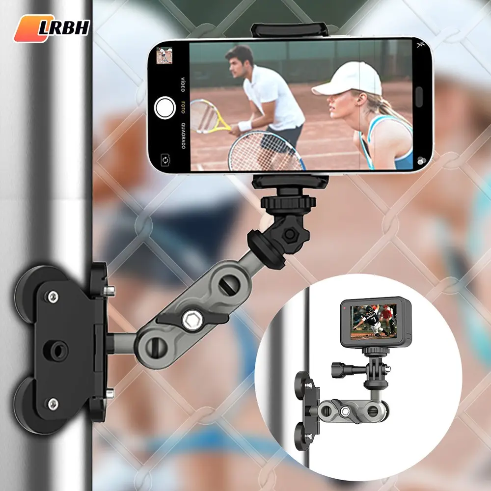 LRBH Magnetic Camera Fence Mount for Mevo Start/GoPro / Insta360 / DJI OSMO Pocket 3 / iPhone, Aluminum alloy Arm, with Phone Holder,Two 1/4" Mount Points Camera Magnet Fence Holder for Recording Baseball/Softball/Tennis Games