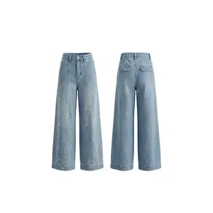 TCH - High waisted denim pants for women in the summer of 2026, featuring hot stamping, slimming, straight leg, casual and versatile wide leg pants