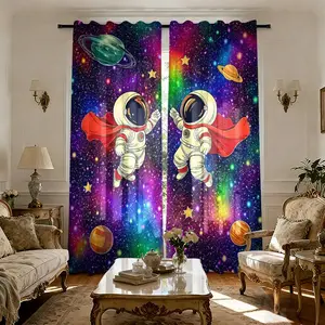 2pc, Rainbow Space Astronaut Print, Children's Curtains. It is installed using pocket rod method. Digital printed curtains. Suitable for living room, closet, bedroom, study, dining room and home decoration.