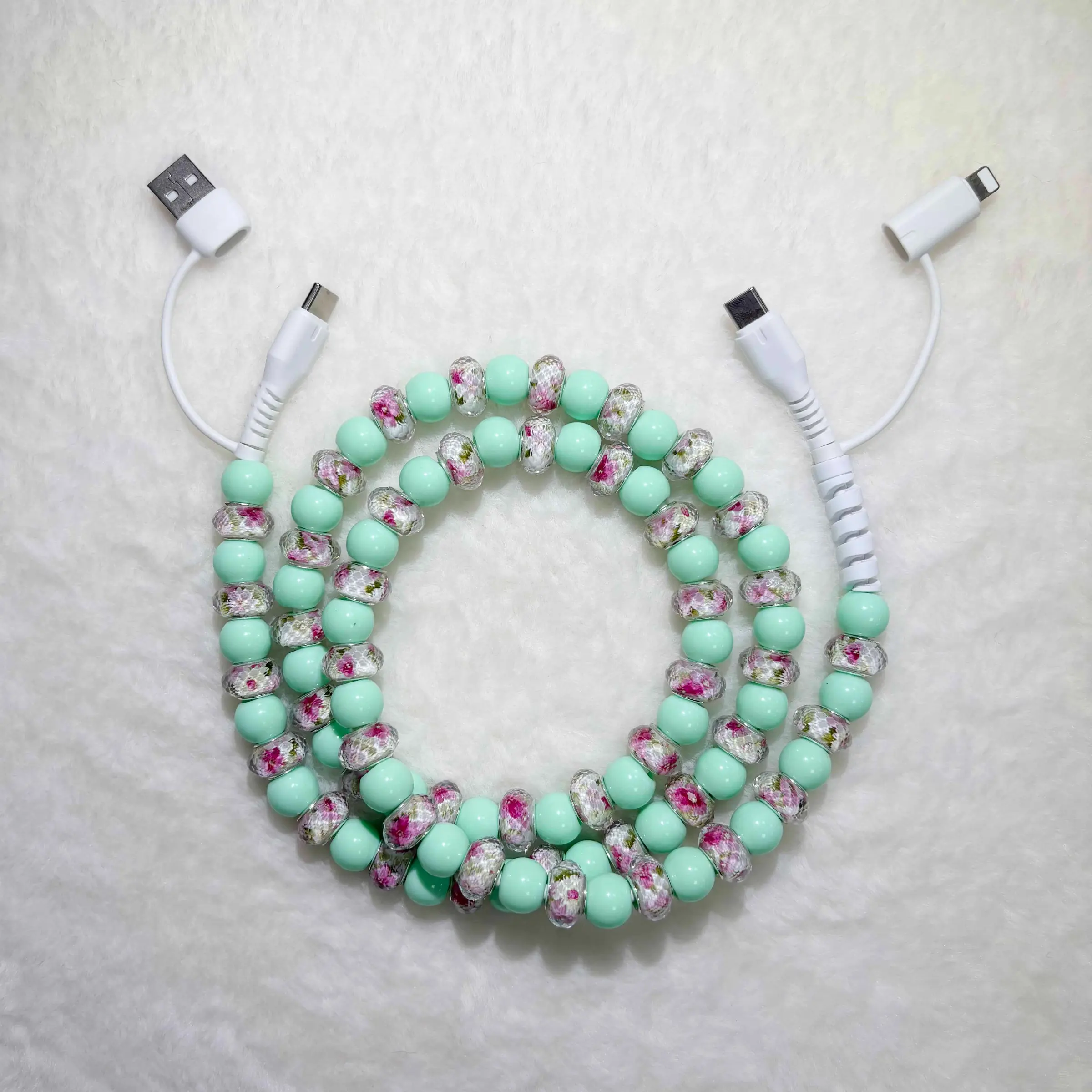 4 in 1 Acrylic Beaded Charging Cable Creative Design，Compatible with all devices USB-C and Lightning interfaces, 3.3 feet in length, ideal for women for fast charging,Holiday gifts, New Year gifts, Data Cable, Usb Charger Cable, Beaded Charging Cords