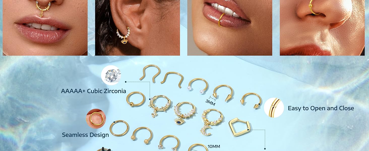 YADOCA 20PCS Septum Rings 16G for Women - Hypoallergenic Surgical Steel Daith Piercing Jewelry Cute Dangle Nose Ring Clicker for Helix, Tragus, Daith, Cartilage Earrings Hoop