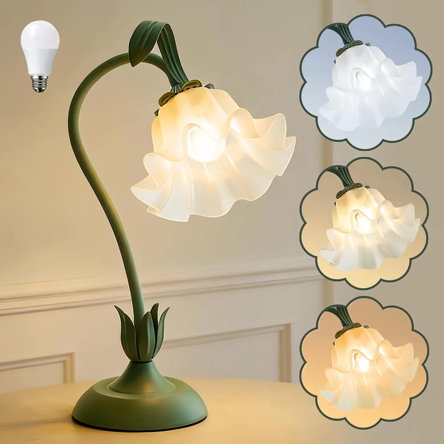 Bedside Table Lamp for Bedroom, Vintage Flower Table Lamps, LED Reading Light 3 Color Modes Bedside Lamps, Nightstand Lamp Kawaii Desk Lamps for Bedroom Living Room Home Decoration(Green lamp)