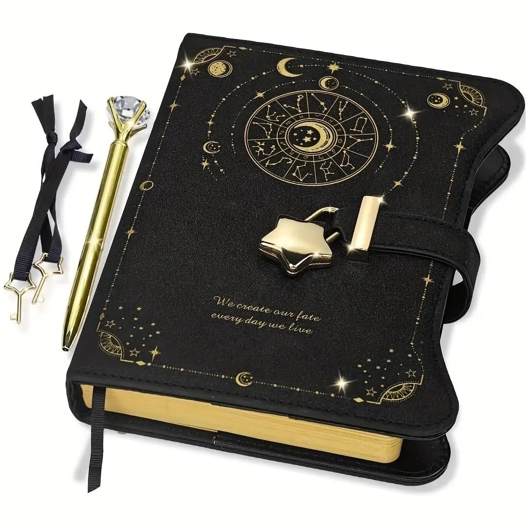Notebook With Star Lock And Keys, 360 Pages Lined B6 Refillable Secret Diary Gift Set With Diamond Pen, Retro Celestial Moon Journal For Writing, Gift Box Ready, Curated Notebook Set