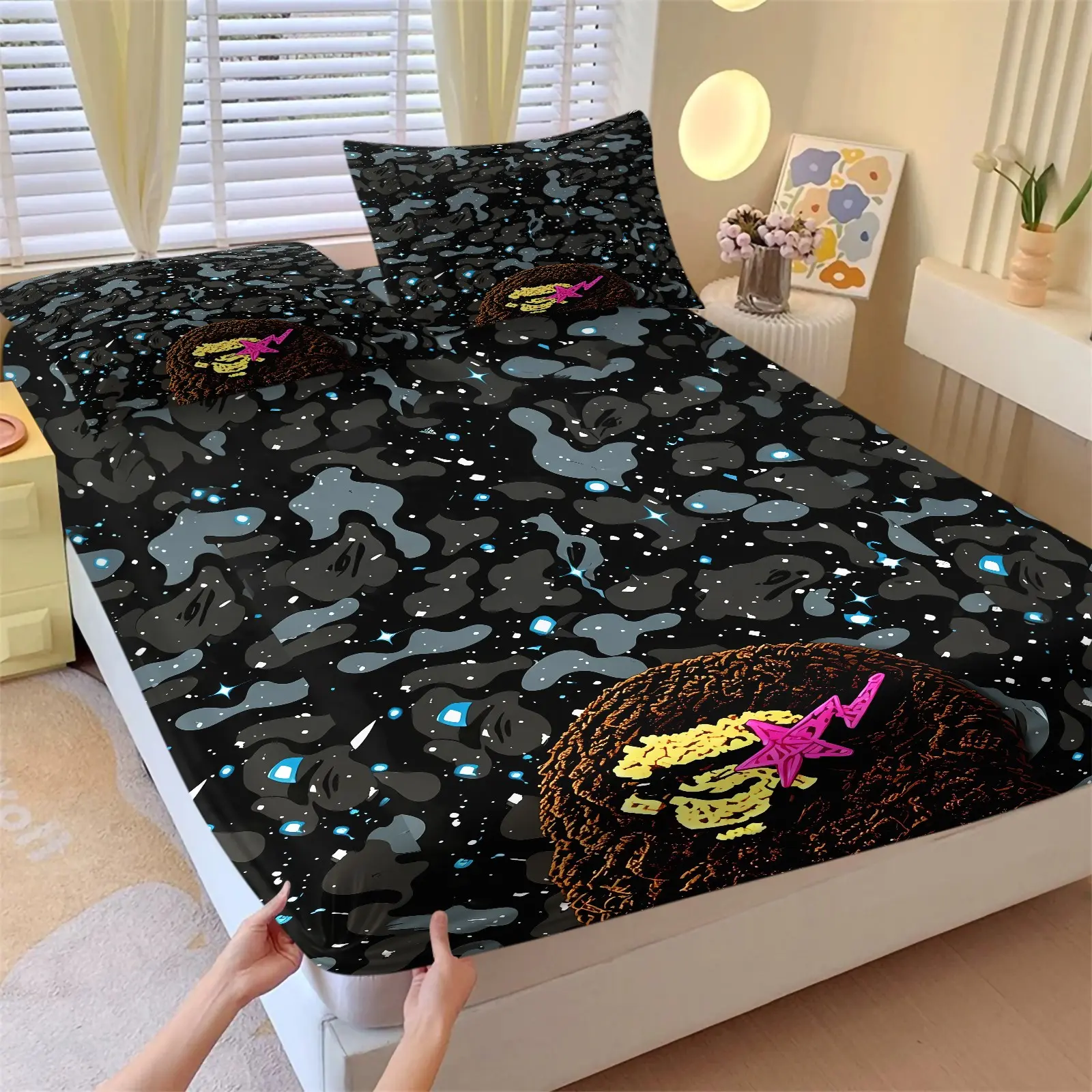 3PCS Dark Gray Starry Camo Ape Fitted Sheet Set, Includes 1 Fitted Sheet + 2 Pillowcases, Soft Comfortable Deep Pocket Fits 12 Inch Mattress, Night Sky Camouflage Monkey Pattern Bedding Set, Trendy Teen Room Decor