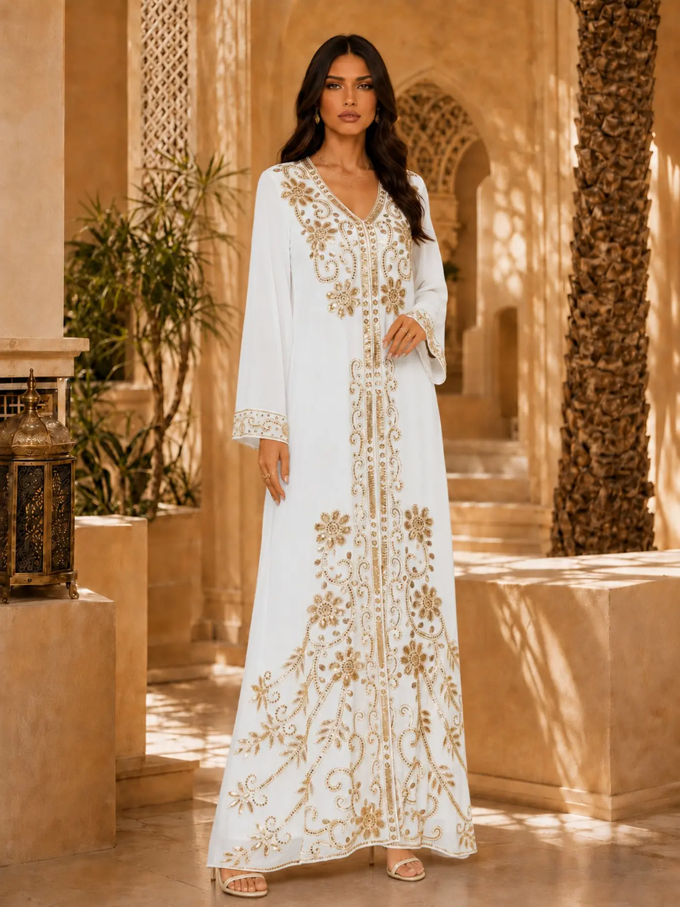 Luxurious Floral Embroidered Kaftan Maxi Dress, V Neck Long Sleeve, Elegant Evening Gown for Wedding Party Eid Formal Wear