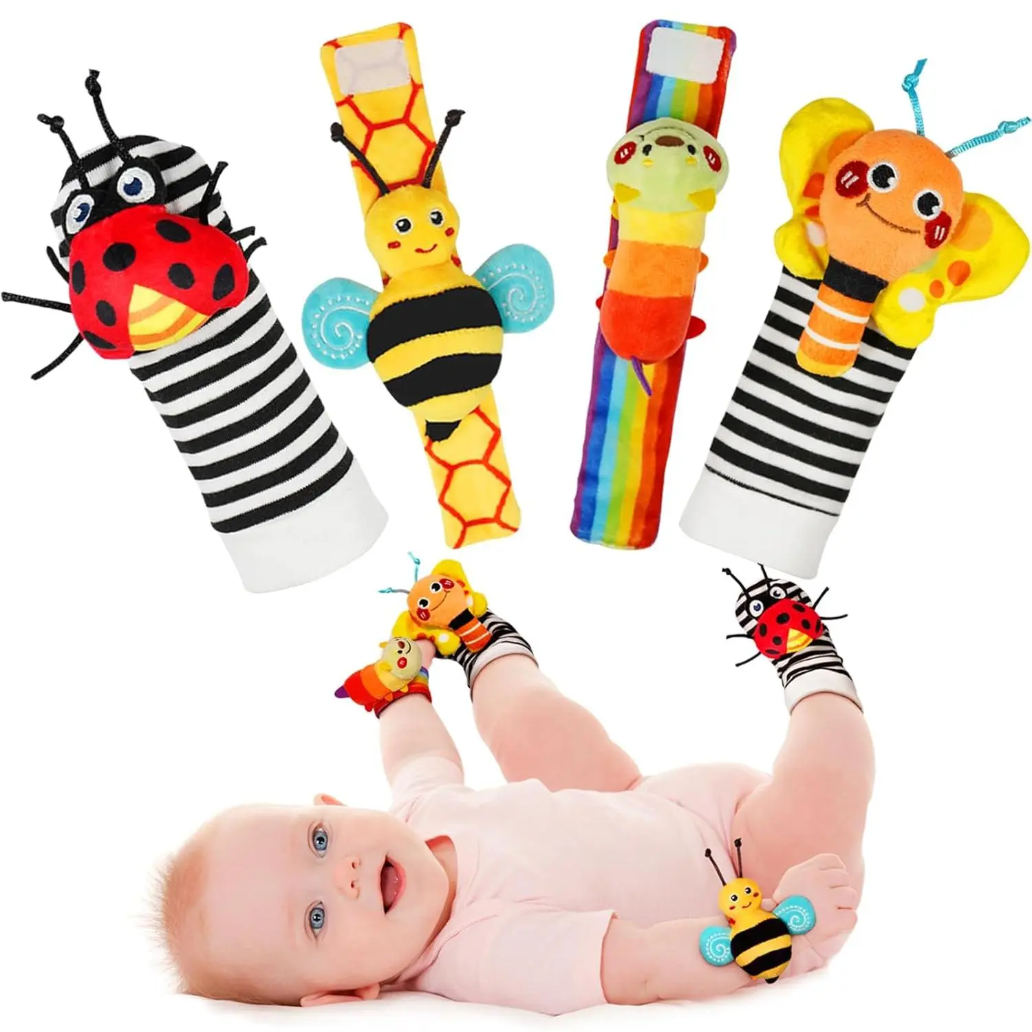 Unisex Baby Clothing Garden Bug Series Wrist Rattle Socks & Foot Finder Set - Prop 65 Safe Rattles, Newborn Size 0-12 Months, Perfect Baby Shower Gifts for Infants