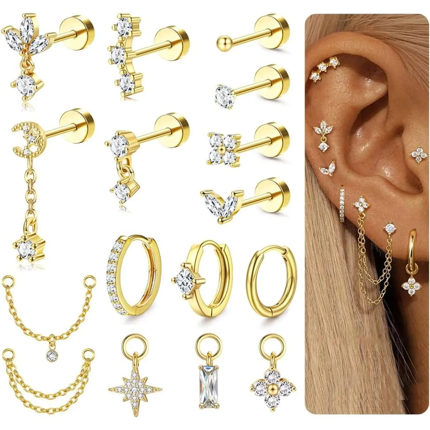 FIASASO Helix Piercing Jewellery Surgical Steel Earrings Hypoallergenic Flat Back Earring Stud Hoop Earrings Set Conch Piercings Silver Gold Cartilage Daith Tragus Piercing Jewellery Single PC