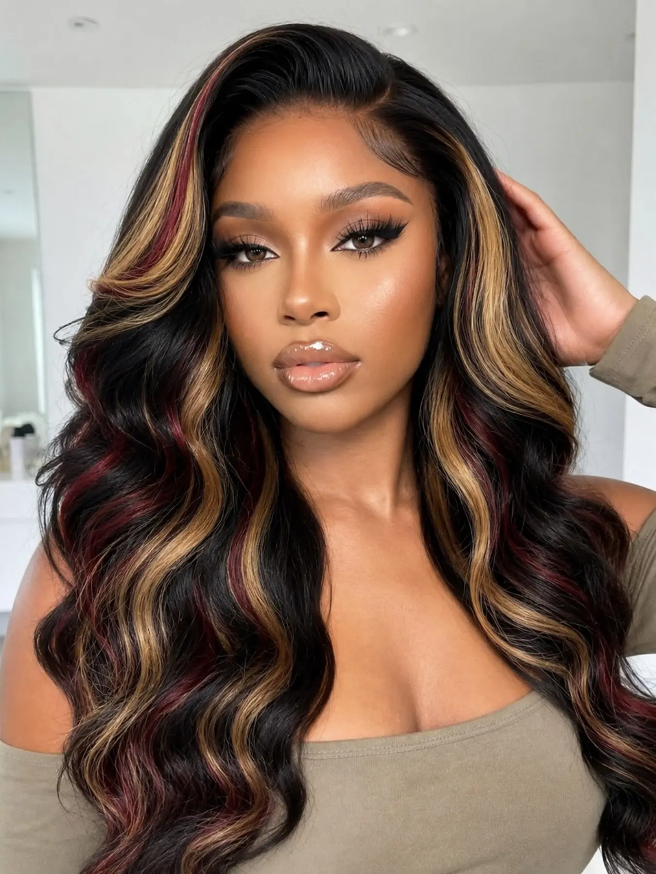 26 Inch Black Red Honey Brown Highlight Body Wave Lace Front Wigs Heat Resistant Synthetic Fiber Soft & Lightweight Natural Parting Wavy Synthetic Wigs