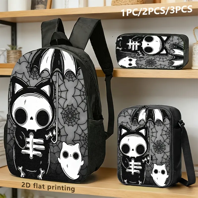 Gothic Skeleton Cat 3PCS Backpack Set, Spooky Umbrella Ghost Print School Backpack with Lunch Box & Pencil Case, Lightweight Durable Daypack for Teens, Ideal Dark Aesthetic Goth Fans School Supplies Gift
