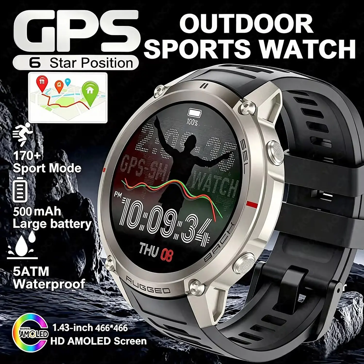 New GPS Smart Watch Rugged Military, 500mah Battery, Bluetooth-compatible Call, Fitness Tracker, Ip69 Waterproof, Health Monitor, Android iOS Compatible