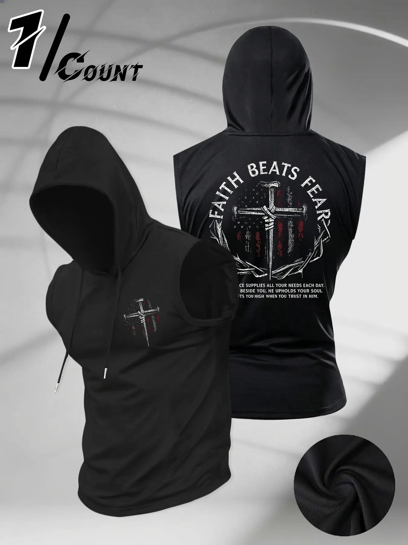 Men Drawstring Hooded Sleeveless Workout Tank Top Vintage Distressed Thorn Nail Cross USA Flag Faith Beats Fear Front Back Graphic Breathable Patriotic Christian Faith Streetwear Athletic Singlet