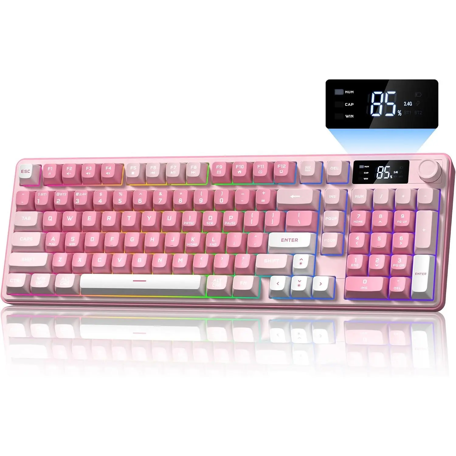 Gaming Keyboard  Creamy Keyboard with Media Knob & Screen Cute Keyboard Mechanical Feeling Membrane Keyboard with Number Pad RGB Backlit Tri-Mode BT/2.4GHz/USB-C -
